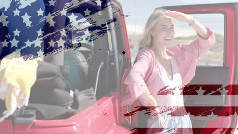 Animation-of-flag-of-usa-and-stars-over-caucasian-woman-getting-out-of-car