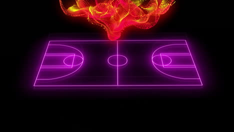 Animation-of-yellow-and-red-particle-wave-over-purple-neon-basketball-court-on-black-background