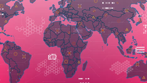 Animation-of-processing-data-over-pink-and-brown-world-map