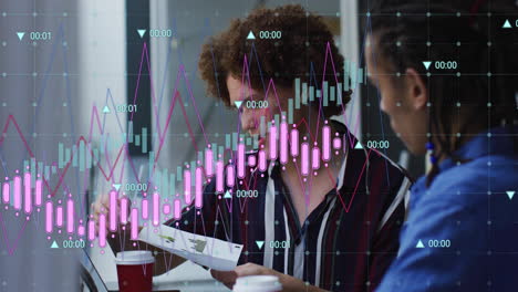 Animation-of-graph-processing-data-over-diverse-male-colleagues-talking-at-casual-office