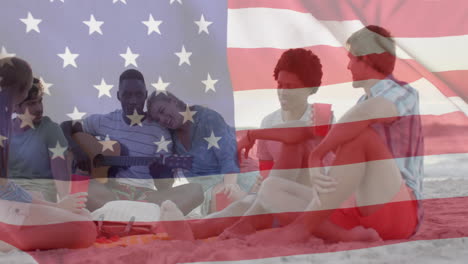 Animation-of-flag-of-usa-over-happy-diverse-friends-at-beach-party-in-summer