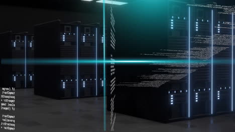 Animation-of-blue-scanner-beams-and-data-processing-over-dark-computer-servers,-on-black