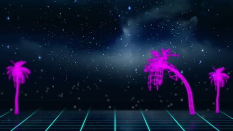 Animation-of-neon-triangle-and-pink-palm-trees-on-grid-over-starry-night-sky-and-red-light