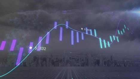 Animación-De-Datos-De-Procesamiento-De-Gráficos-Morados-Y-Azules-Sobre-Un-Paisaje-Urbano-Gris-Nublado