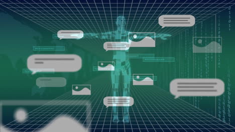 Animation-Von-KI-Text,-Menschlichem-Körper-Und-Digitaler-Datenverarbeitung-Auf-Dunklem-Hintergrund