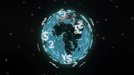 Animation-of-globe-of-connections-with-currency-symbols-over-spots-on-black-background