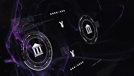 Animation-of-icons-and-currency-symbols-with-data-processing-over-light-trails-on-black-background