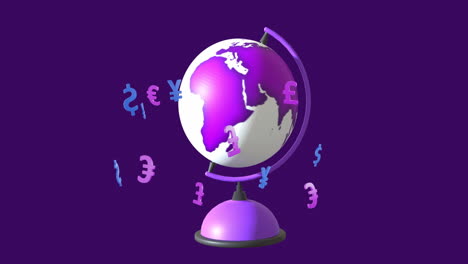 Animation-of-globe-with-currency-symbols-on-purple-background