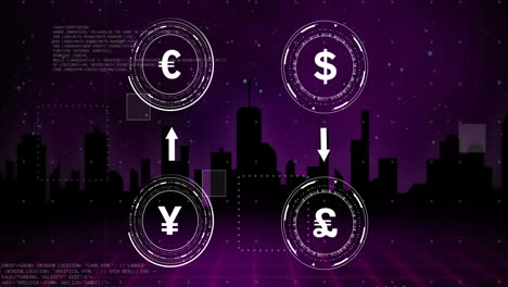 Animation-of-currency-symbols-with-data-processing-over-cityscape-on-black-background