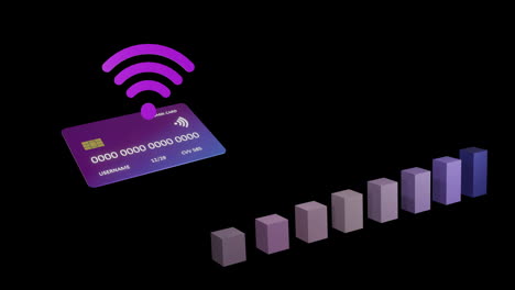 Animation-of-credit-card-with-wifi-icon-and-graph-on-black-background