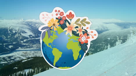 Animation-of-planet-earth-with-flowers-over-snowy-mountain-landscape