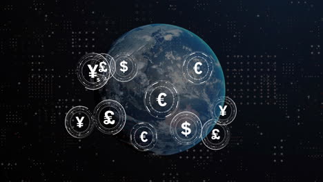 Animation-of-globe-with-currency-symbols-over-spots-on-black-background