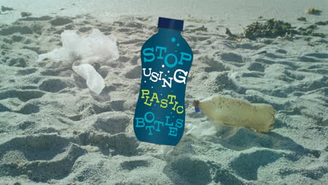 Animation-of-stop-using-plastic-bottles-text-on-bottle-over-rubbish-on-beach