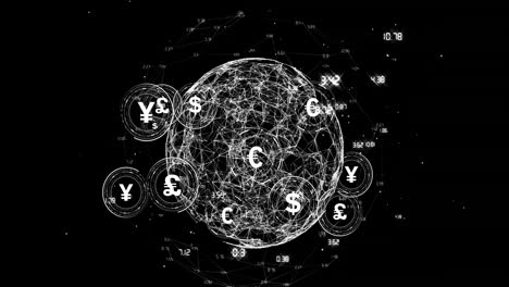 Animación-Del-Globo-De-Conexiones-Con-Símbolos-De-Moneda-Y-Procesamiento-De-Datos-Sobre-Fondo-Negro