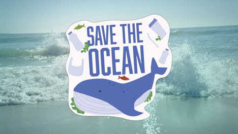 Animation-of-save-the-ocean-text-with-whale-and-plastic-bottles-over-sea-and-beach