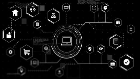 Animación-De-Iconos-De-Portátiles-Y-Negocios-Con-Procesamiento-De-Datos-Sobre-Fondo-Negro