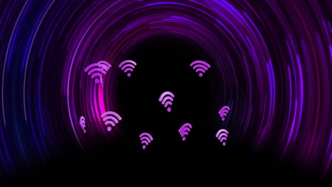 Animación-De-Iconos-Wifi-Sobre-Círculos-Sobre-Fondo-Negro