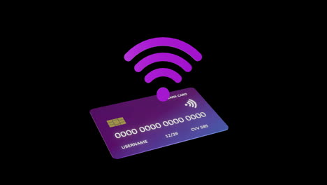 Animation-of-credit-card-with-data-and-wifi-icon-over-black-background