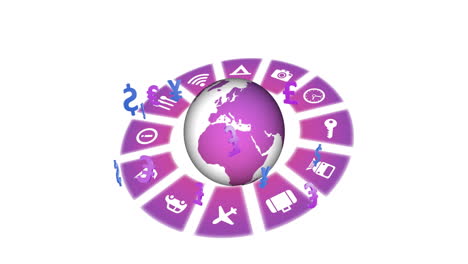 Animation-of-globe-with-icons-and-currency-symbols-on-white-background