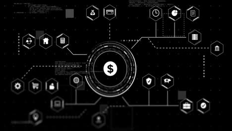 Animation-Von-Währungs--Und-Geschäftssymbolen-Mit-Datenverarbeitung-Auf-Schwarzem-Hintergrund