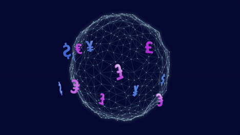 Animation-of-globe-of-connections-with-currency-symbols-on-black-background