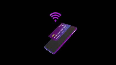 Animation-of-smartphone-and-credit-card-with-data-over-black-background