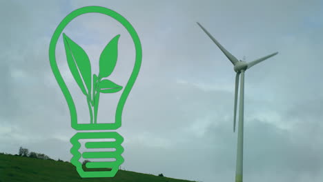 Animation-of-plant-in-green-light-bulb-over-wind-turbine-against-cloudy-sky
