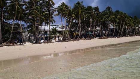 Boracay-Island,-Philippines,-White-Beach,-Palm-Trees-and-Sailing-Boats