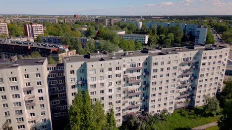 Highrise-Russian-concrete-apartment-block-ghetto-in-suburb-of-Riga-drone