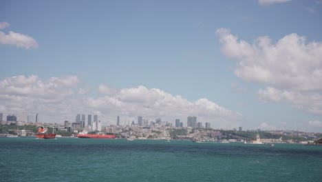 Ships,-ferries,-boats,-historical-buildings-in-the-Bosphorus,-Istanbul,-Turkiye