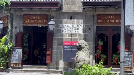 Philippines,-Manila:-The-video-captures-the-facade-of-the-Intramuros-Cafe-in-Intramuros,-highlighting-its-architectural-details