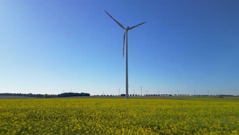 Acercamiento-A-Una-Turbina-Eólica-Situada-En-Un-Campo-De-Colza,-Fuente-De-Energía-Renovable