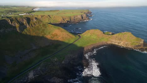 Wide-aerial-shot-of-Giant's-Causeway-in-County-Antrim,-Northern-Ireland