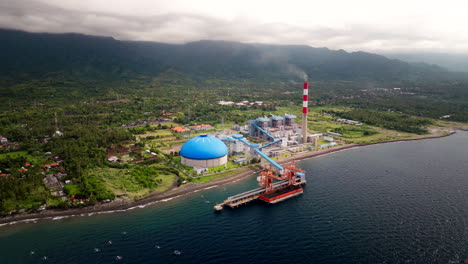 Celukan-Bawang-biggest-coal-power-plant-in-Bali-north-coast,-wide-aerial-view