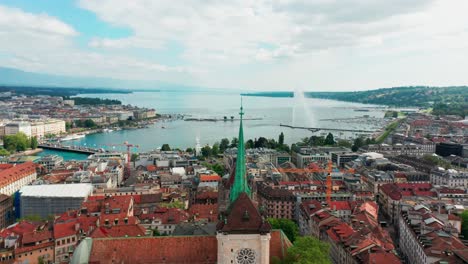 Beautiful-aerial-of-the-Geneva-Cathedral,-Cathédrale-Saint-Pierre-Genève,-on-a-beautiful-sunny-summer-day-in-Switzerland