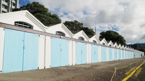 Wide-angle-shot-of-the-boat-sheds-at-Wellington-Marina,-New-Zealand