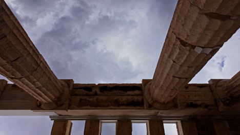 Ancient-roman-columns-by-the-Monument-of-Agrippa-and-Parthenon,-Athens,-Greece