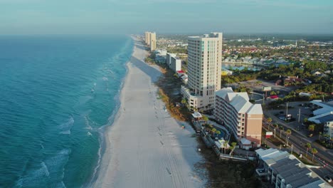 Aerial-flight-on-Panama-City-Beach-in-front-of-Front-Beach-Road-in-Florida