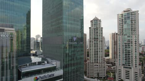 Panama-city-skyscrapers-and-pacific-center-in-punta-pacifica,-aerial-view