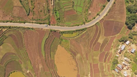 Aerial-top-down-view-of-the-countryside-with-colourful-rice-fields-in-Madagascar