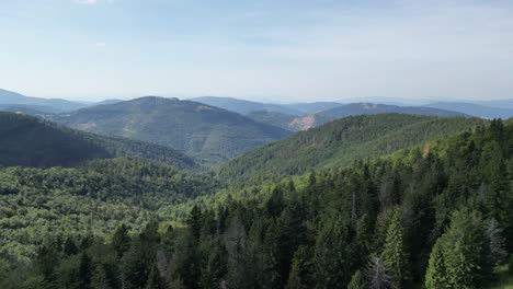 Mountain-landscape-during-a-summer-day-with-mountains-peaks,-forest,-lush-greenery-and-trees