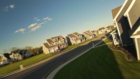 Similar-exterior-houses-in-American-neighborhood-during-golden-hour