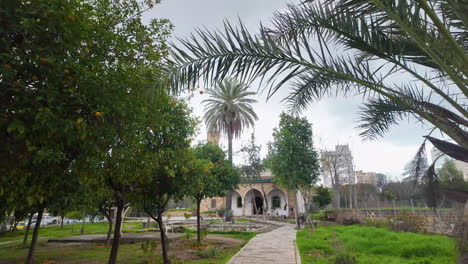 Una-Vista-Panorámica-Del-Jardín-Que-Rodea-Una-Mezquita-En-Nicosia,-Chipre,-Con-Naranjos-Y-Una-Palmera-Alta.