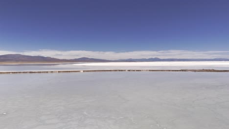 Aerial-Drone-Panning-Along-Route-52-Causeway-Dividing-The-Salinas-Grandes-of-Jujuy-and-Salta-Provinces,-Argentina