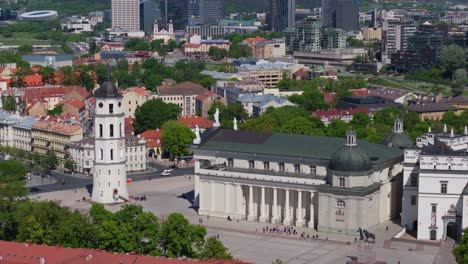 Close-Up-Aerial-View-of-Vilnius-Cathedral-and-Bell-Tower