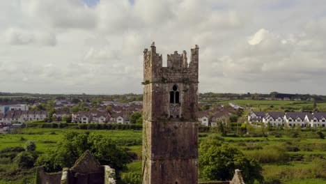 Vogel-Schwebt-In-Felsspalte-Des-Klosters-Claregalway-Mit-Stadt-Im-Hintergrund