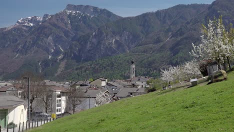 Gansos-Y-Patos-Con-Vistas-A-La-Ciudad-De-Caldonazzo-Y-Montañas-En-Bachground-En-Valsugana,-Trentino,-Italia