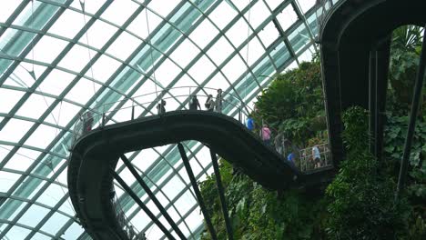 People-stroll-along-the-cloud-forest-aerial-walkway-in-the-greenhouse-conservatory-at-Gardens-by-the-Bay,-a-renowned-Singapore-attraction