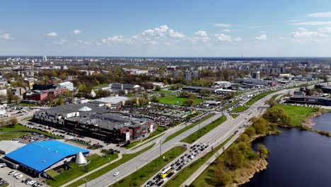 Aerial-Drone-fly-above-motorbike-season-open-at-Riga-Latvia-Cityscape-streets