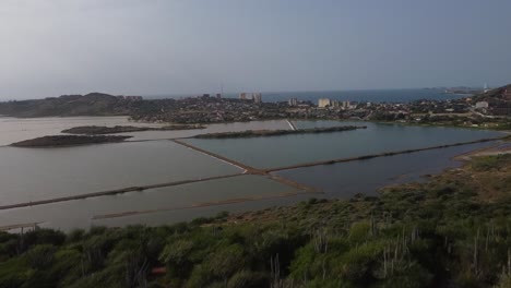 Aerial-revealing-shot-showing-salinas-of-pampatar-in-Venezuela-during-sunny-day